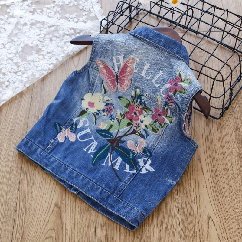 Trẻ em Châu Âu và Mỹ denim giản dị vest cô gái thêu pansy vest 2018 sản phẩm mới