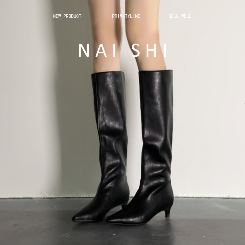 Sheepskin Version! Fashionable and High-End Long Boots with Pointed Toe, Kitten Heel, Black Riding Boots, Over-The-Knee Straight Slim Boots Sheepskin Version! Fashionable and High-End Long Boots with Pointed Toe, Kitten Heel, Black Riding Boots, Over-The-Knee Straight Slim Boots