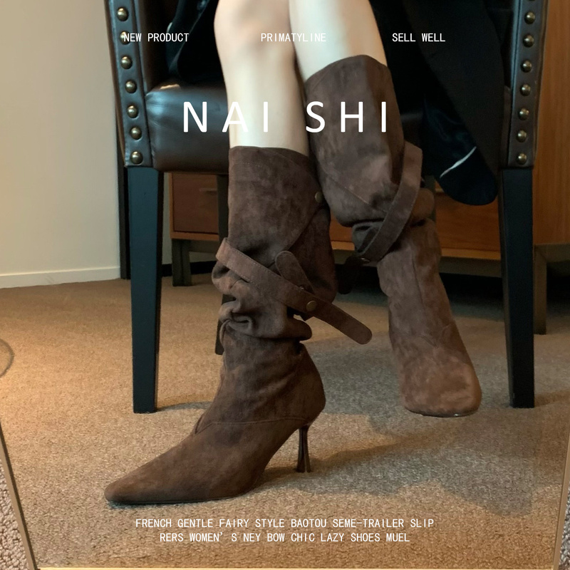 Sheepskin Version! Retro Western Cowboy Boots, Melard Pointed Toe Stacked Boots, Stiletto Heel, Belt Buckle High-Heeled Riding Boots for Women