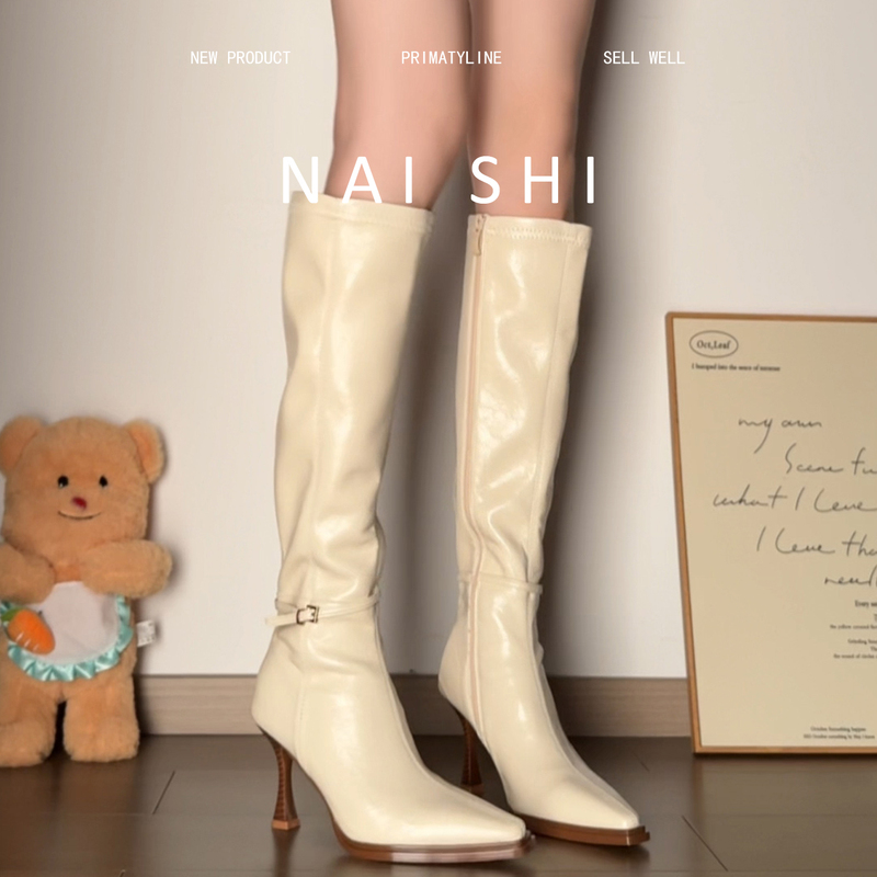 Sheepskin Version! French-Style Elastic Slim Boots for Women with Side Zipper, Stiletto Heel, White Long Boots, Pointed Toe High-Heeled Riding Boots