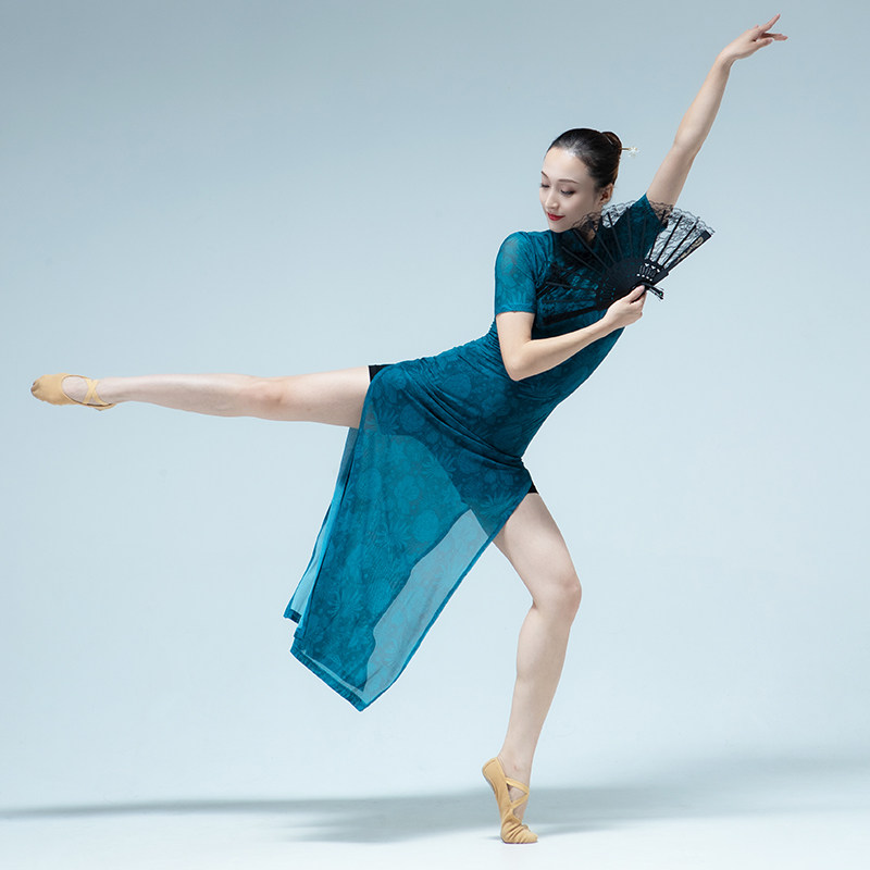 Passionate elastic dance cheongsam mesh performance classical split dance practice clothes gauze belly dance costumes