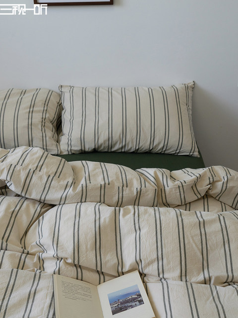 Middle style丨All cotton color woven and wash cotton four-piece set pure cotton retro striped bedding set green bedding sheet