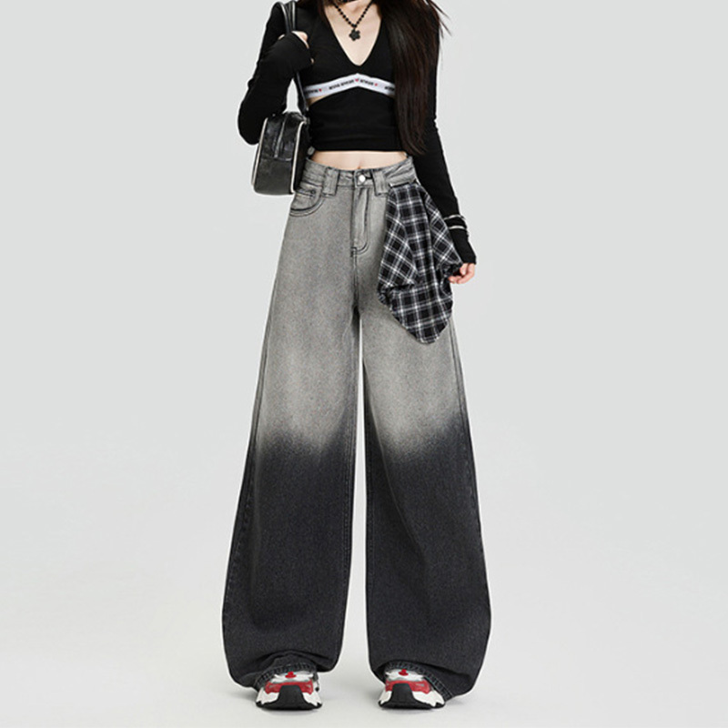 Gradient Wide-Leg Jeans for Women 2026 Spring New Style Patchwork American Retro High-Waisted Slimming Loose Straight Pants