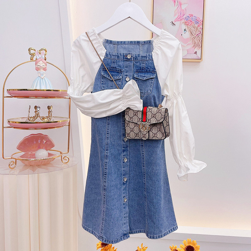 Girl Cowboy Ocean Dress 2022 New Foreign Pie Retro Style Children's Dresses CUHK Child Splicing Skirt Spring Autumn Clothing