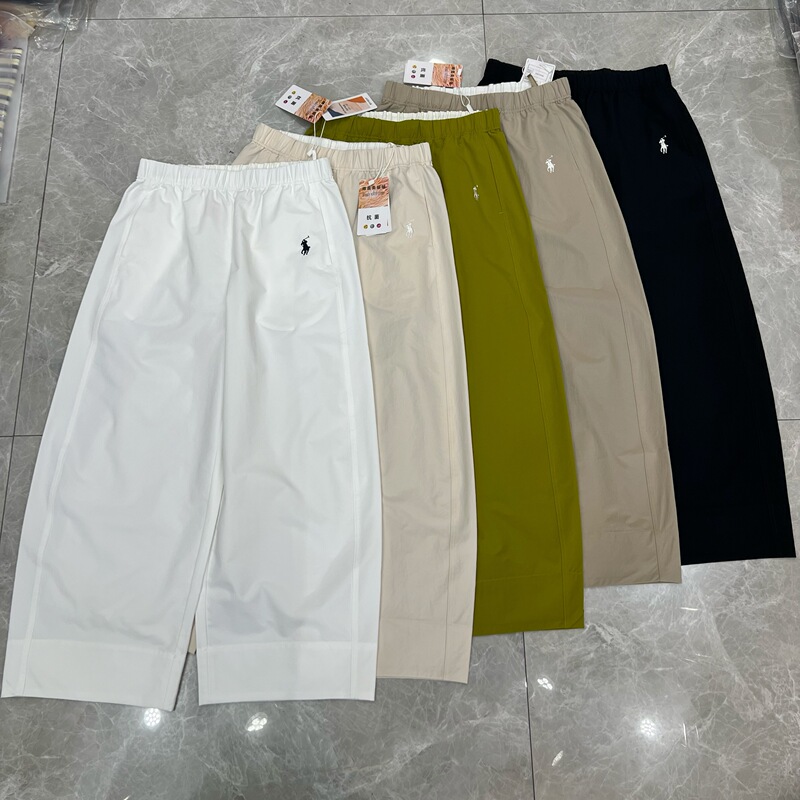 European Goods 26 Summer New Style ~ Elastic Waist Embroidered Pony Logo Solid Color Quick-Drying Thin Material Cropped Wide-Leg Pants