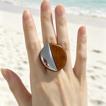 Niche design silver metal stitching brown ring staggered personality open ring geometric index finger ring accessories