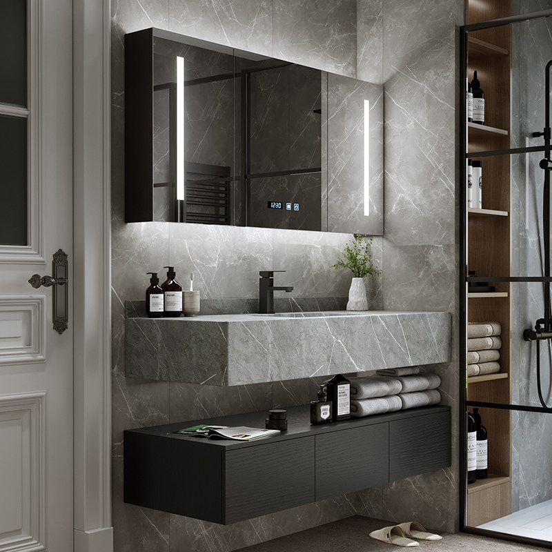 Light luxury intelligent rock board bathroom cabinet Modern simple hand wash basin combination bathroom one-piece mirror cabinet sink