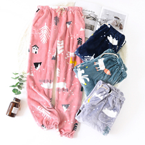 Autumn and winter flannel men and womens pajamas thickened warm loose coral velvet home trousers close feet warm pants