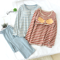 Pajamas with breast pads for women spring and autumn pure cotton long-sleeved bra-free cup all-in-one home clothes loose collarless pullover set