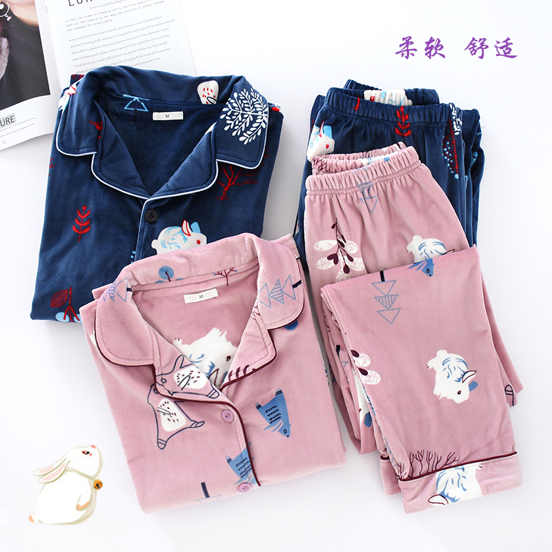 Pajamas women Autumn and Winter Island velvet not thickened couples home clothes men large size flannel warm solid color cardigan suit