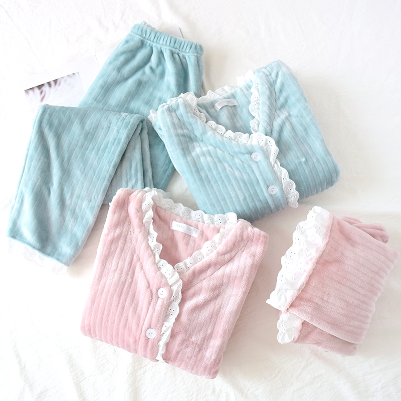 Autumn and winter flannel pajamas women thickened collarless solid color cardigan home clothes large size lace coral velvet heating pants