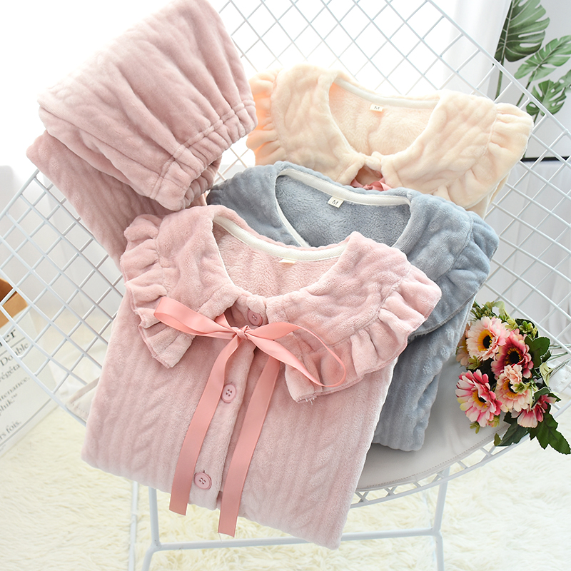 Autumn and winter flannel pajamas women's winter thickened plus velvet warm coral fleece home service solid color princess fan large size suit