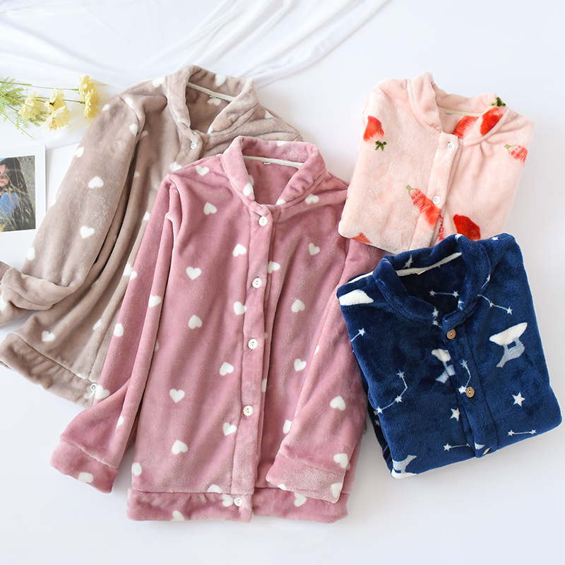 Flannel one-piece pajama tops for men and women autumn and winter large size thickened warm collarless cardigan Coral velvet home clothes