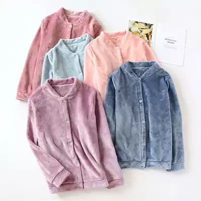 Flannel ladies one-piece pajamas top autumn and winter solid color padded collarless cardigan coral velvet warm home underwear
