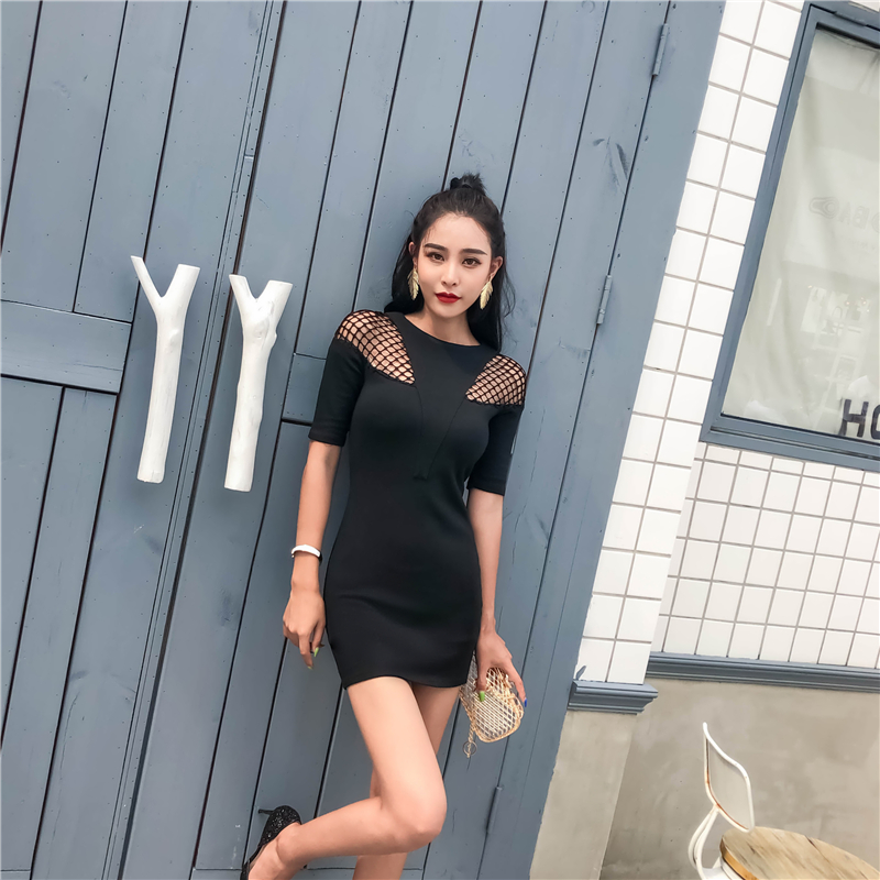 夏季新品潮款欧美渔网小心机镂空性感修身短袖夏冷淡风连衣裙女