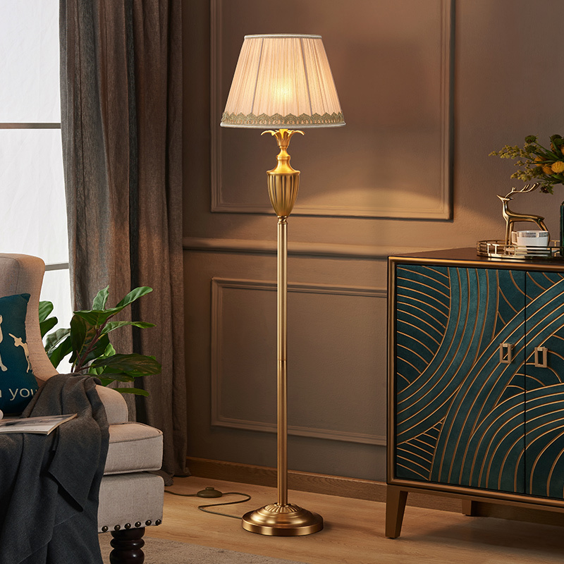American-Style Light Luxury All-Copper Floor Lamp, Pure Copper Classic Warm Decoration, European-Style Retro Living Room, Study, Hotel, Villa Lamp