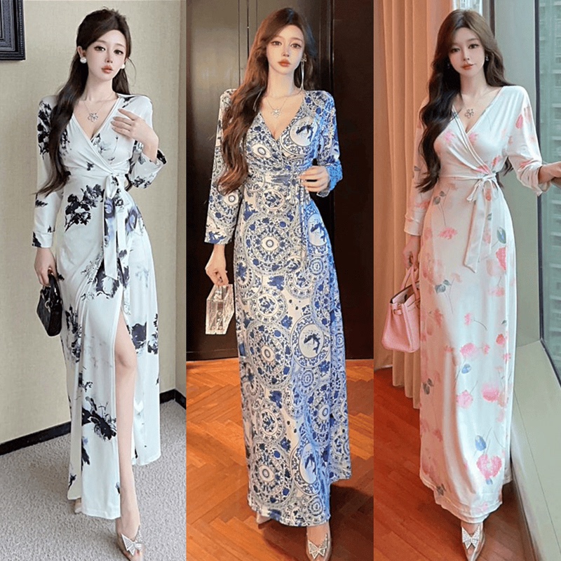 Sexy Low-Cut V Neck Slim-Fitting One-Piece Waist-Cinching Strap Skirt with Ink Print Slit Long-Sleeved Dress