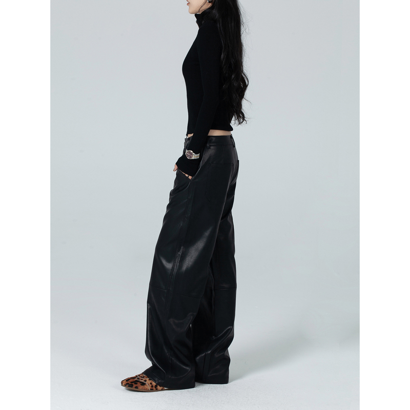 Bion Iii [Wearing the Authority Within the Bones] Row Style Black Straight Pu Leather Pants, Slimming Autumn and Winter Style