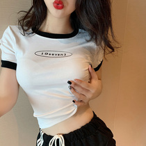 Port Taste Fashion Printed short T-shirt Female Dew Navel Short Sleeve Blouse 2022 Summer New body Rounded Collar Bottom Shirt