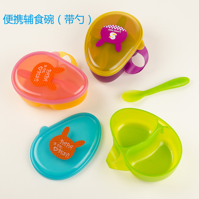 Hong Kong Wo Guo Baby food bowl Portable out baby cartoon tableware set Children's grid bowl with spoon
