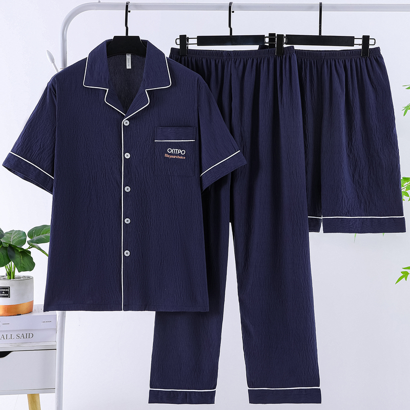 Jieyang Men's Pure Cotton Pajamas for Middle-Aged and Young Adults, Thin Long Pants, Guangdong Guangzhou Air-Conditioned Room Three-Piece Home Wear Set
