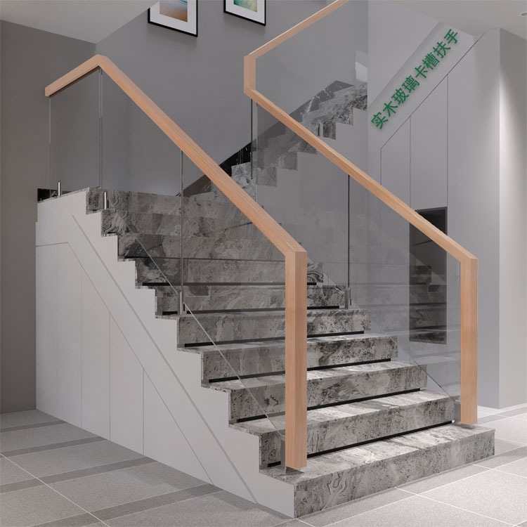 Indoor simple tempered glass stair handrail Duplex solid wood slot glass handrail Attic solid wood handrail