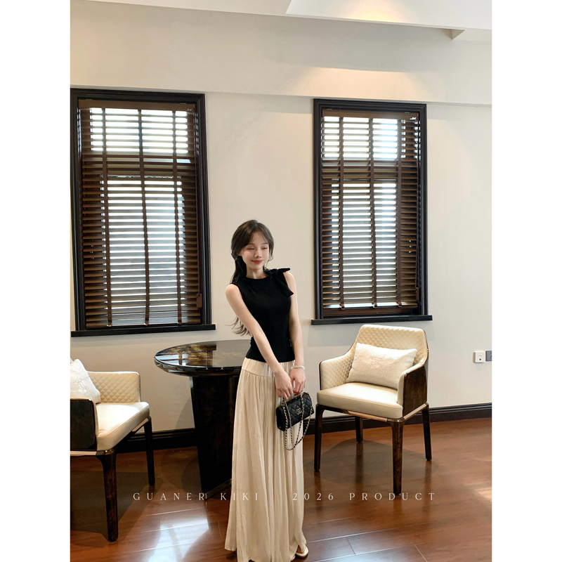 Kiki Tuberose French-Style Sleeveless Waist-Tie Top/Drape Pleated Midi Skirt for Women