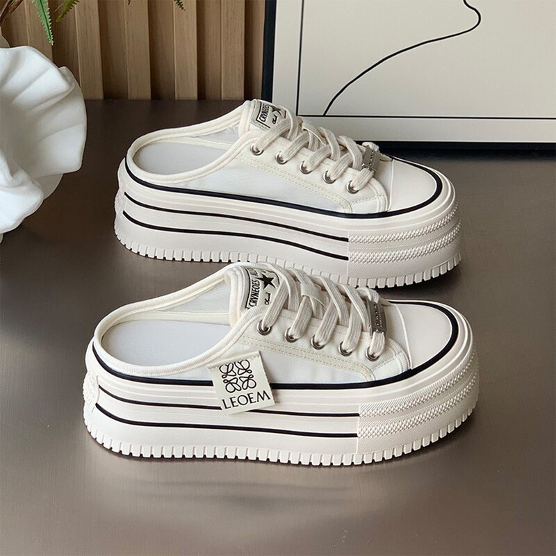 Italy Sanli~ Simple and Versatile Thick-Soled Canvas Shoes for Women, Round Toe, Cross-Tied, Slip-On, Closed-Toe Half Slippers