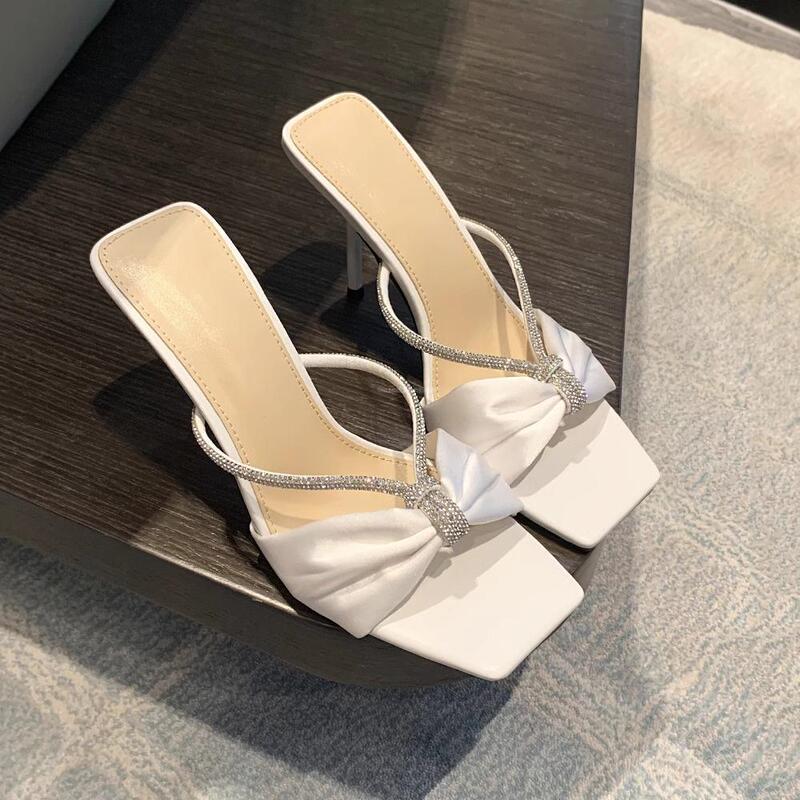 Italy Sanli~ White Satin One-Strap Sandals for Women, New High-End Rhinestone Slippers, Fashionable High Heels