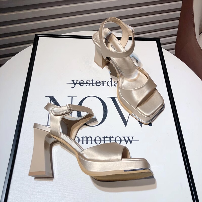 Italy Sanli~ Waterproof Versatile High-Heeled Shoes for Women, New Square Toe Chunky Heel Strap Sandals, Trendy