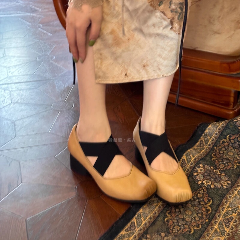 Italy Sanli~ Pig Nose Ballet Shoes New Mary Jane Retro Cross-Strap Distressed Color High Heels