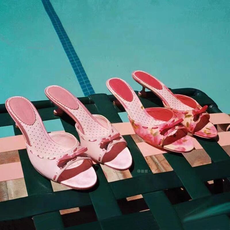 Italy Sanli~ Open-Back Peep-Toe Sandals Kitten Heel Fish Mouth Shallow Single Shoes New Satin Print High Heels
