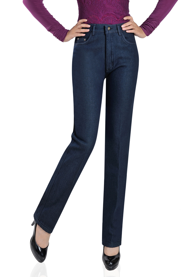 Mùa xuân và mùa thu quần jean dày trung niên của phụ nữ kéo dài quần denim cộng với phân bón để tăng quần thẳng cao của mẹ đầm nữ trung niên