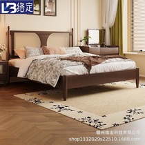 Rattan solid wood bed 1 5m1 8m double rattan bed Nordic retro log second bedroom simple Japanese style B&B wabi-sabi style