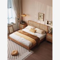 Solid wood rattan bed modern simple small apartment bedroom wabi-sabi walnut color retro style French 1 8m double rattan bed