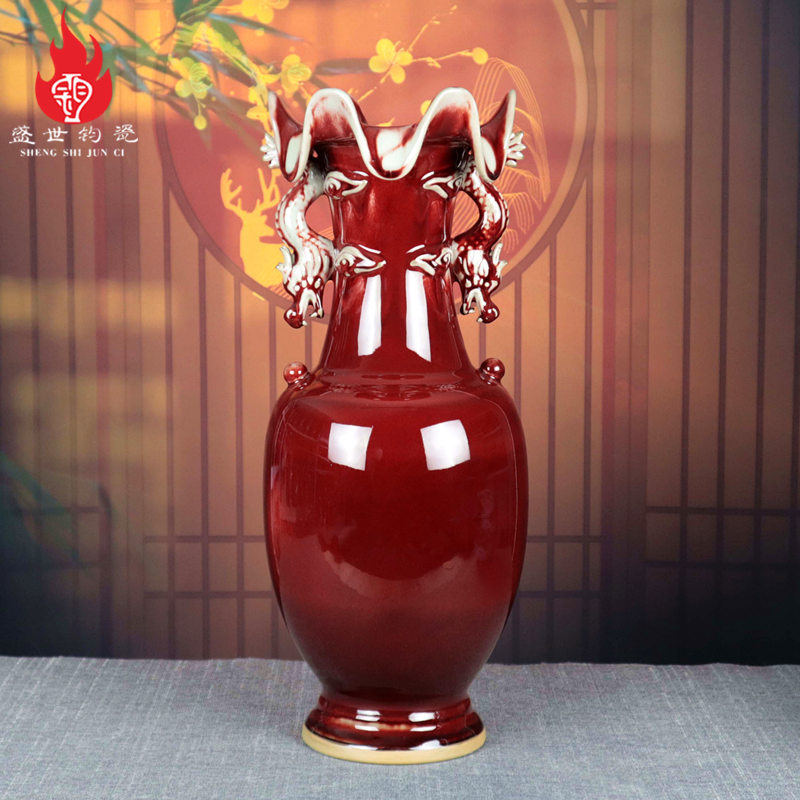 Yuzhou Jun Porcelain Vase, Chinese Traditional Large Ceramic Flower Arrangement Vessel, Home Decoration Ornament, Red Double Dragon Lotus Mouth Vase