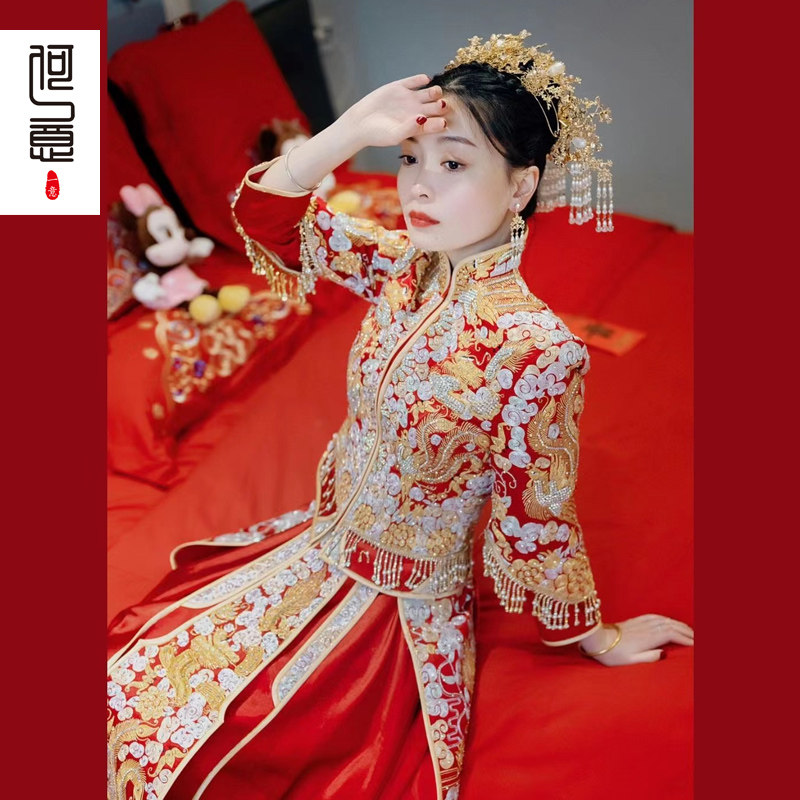 Xiuhe clothing bride 2022 new autumn and winter wedding dress dragon and phoenix hanging wedding dress Chinese bridal dress phoenix crown xiapi