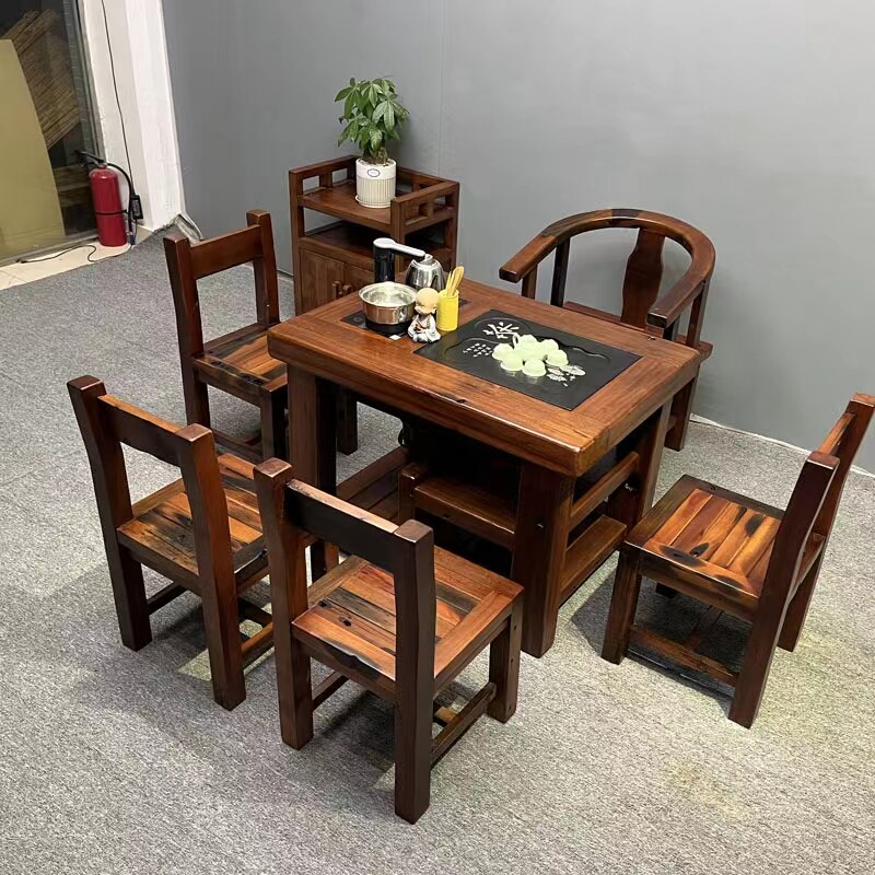 Old boat wood tea table small apartment kung fu tea table new Chinese tea table simple tea table balcony tea art table and chair combination