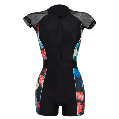 Tight swimsuit Women's high neck zipper quick-drying chest pad Professional surf suit sports Black Qi leg boxer swimsuit