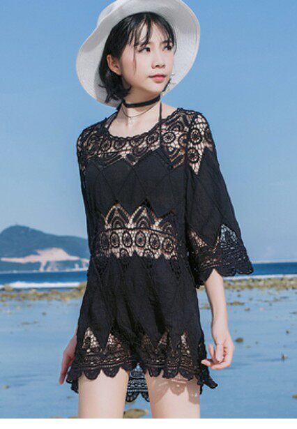 Bikini hollowed-out hood beige fishing net hole-shirt black hooded jacket head loose with long version of swimsuit jacket