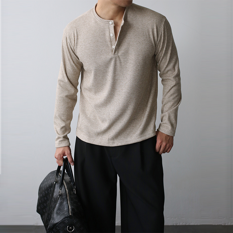 Gbhp Old Money Style 320g Henry Collar Long Sleeve T-Shirt for Men, Spring and Autumn Casual Commuting Anti-Wrinkle Pullover Versatile Base Shirt