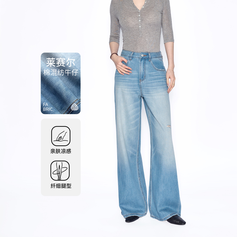 [Recommended by Xiao Min] Summer Korean-Style Lyocell Drapey Embroidered Ripped Wide-Leg Women's Jeans 128551