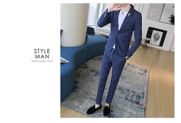 Bộ đồ sọc dài tay phù hợp với nam phiên bản Hàn Quốc của bộ đồ hộp đêm thời trang nóng bỏng miễn phí thanh công sở giản dị vest nam