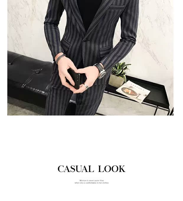 Bộ đồ vest nam ba mảnh phù hợp với Hàn Quốc Slim cổ điển sọc nóng miễn phí khóa đơn đêm làm việc nhỏ phù hợp với thủy triều quần nam