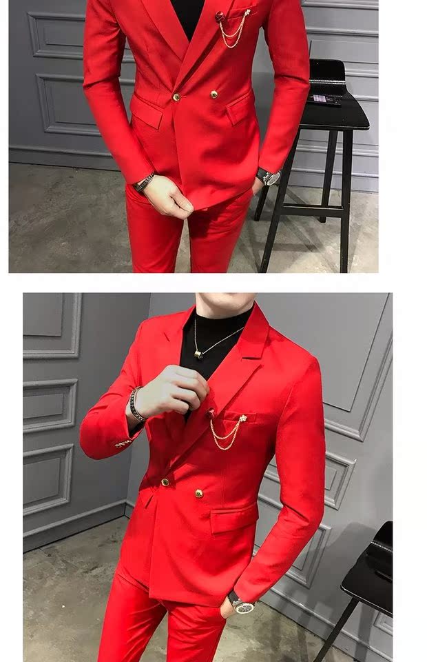 Bộ đồ vest nam tự canh bốn mùa dài tay màu rắn miễn phí hai mảnh hai mảnh khóa đôi đêm thanh công sở quần áo phù hợp thoi trang nam