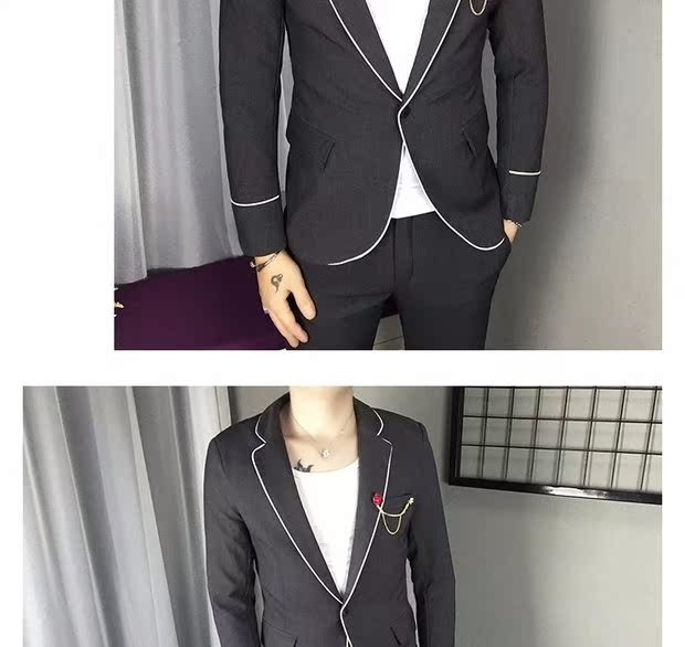 Bộ đồ vest nam mùa thu dài tay thon gọn hai mảnh màu trắng thiết kế sọc trắng miễn phí bộ đồ công sở đêm nóng quần baggy nam