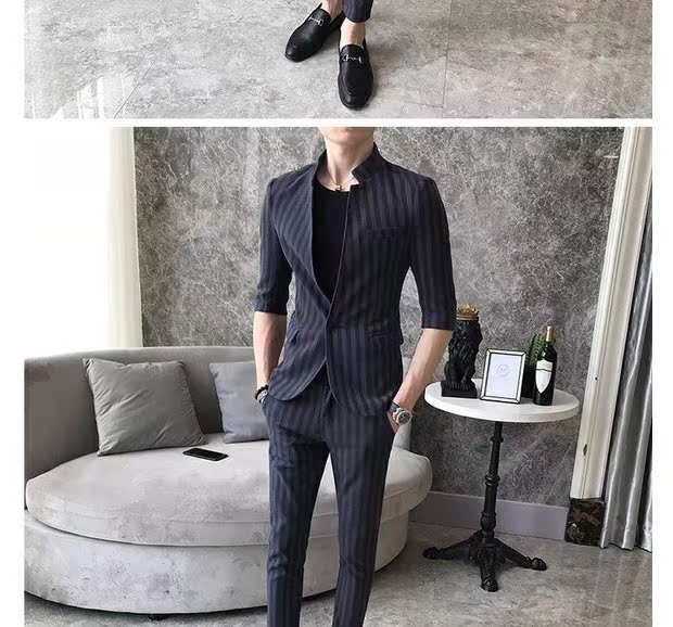 Mùa hè tay áo cổ áo sọc phù hợp với nam đẹp trai tự tu luyện miễn phí đêm nóng cửa hàng công sở phù hợp với chín quần phù hợp với quần kaki