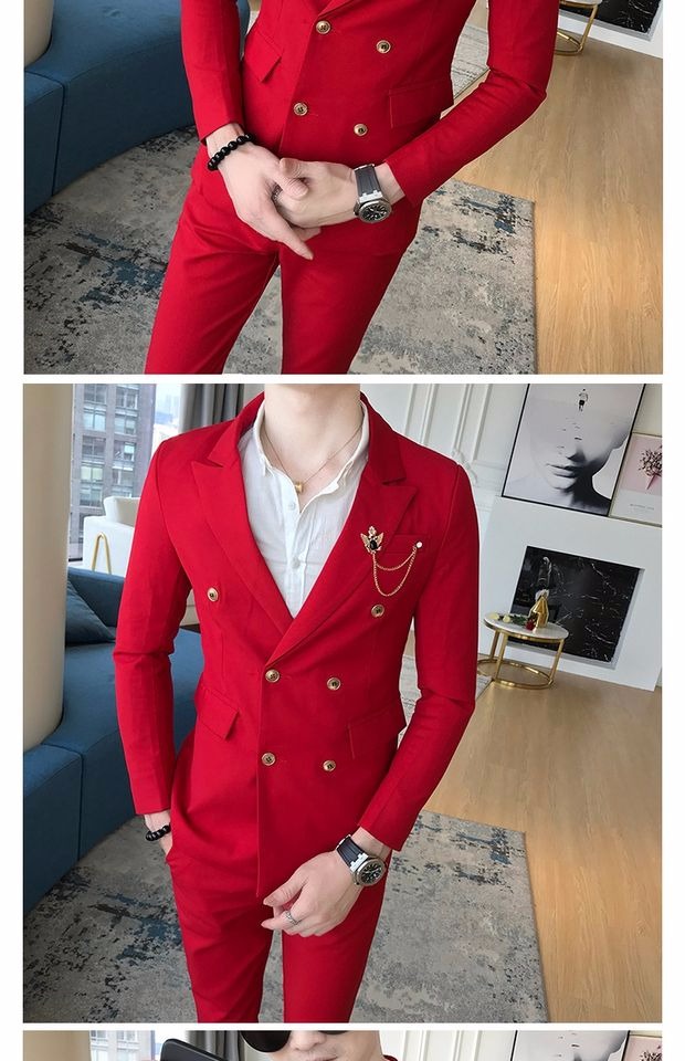 Bộ đồ nhỏ màu đỏ nam phù hợp với áo dài tay phiên bản Hàn Quốc của người đẹp trai đẹp trai nóng bỏng đôi đêm miễn phí để làm việc với bộ đồ mỏng bộ vest nam trẻ trung