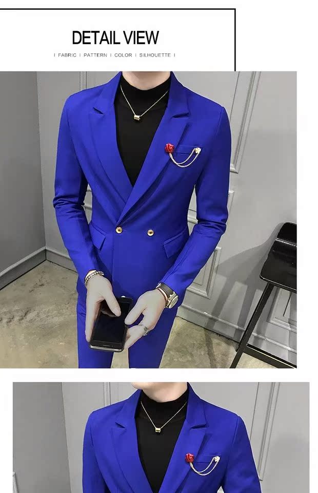 Bộ đồ vest nam tự canh bốn mùa dài tay màu rắn miễn phí hai mảnh hai mảnh khóa đôi đêm thanh công sở quần áo phù hợp thoi trang nam