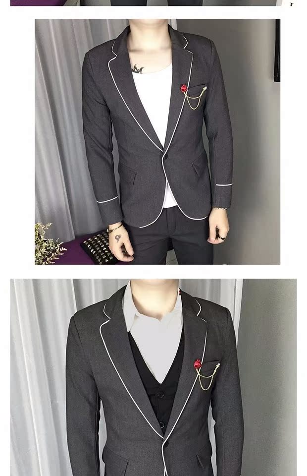 Bộ đồ vest nam mùa thu dài tay thon gọn hai mảnh màu trắng thiết kế sọc trắng miễn phí bộ đồ công sở đêm nóng quần baggy nam